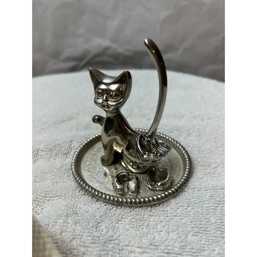 Cat Ring Holder Silver Trinket Dish Jewelry Tray Kitty Kitten Decor
